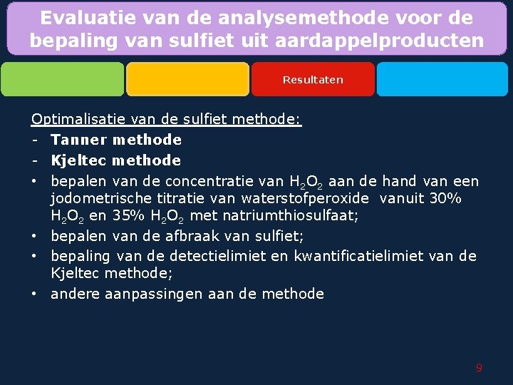 Evaluatie van de analysemethode voor de bepaling van sulfiet uit aardappelproducten Resultaten Optimalisatie van