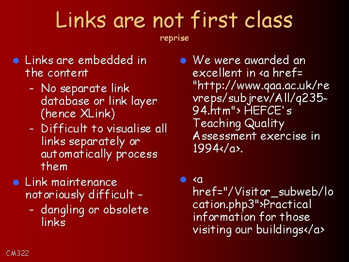 Links are not first class reprise Links are embedded in the content – No