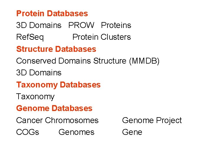 Protein Databases 3 D Domains PROW Proteins Ref. Seq Protein Clusters Structure Databases Conserved