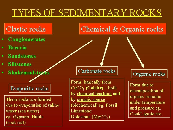 TYPES OF SEDIMENTARY ROCKS Clastic rocks • • • Conglomerates Breccia Sandstones Siltstones Shale/mudstones