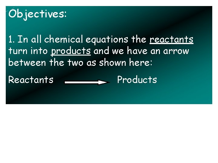 Objectives: 1. In all chemical equations the reactants turn into products and we have
