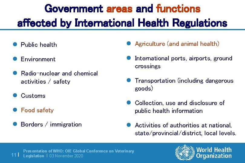 Government areas and functions affected by International Health Regulations l Public health l Agriculture