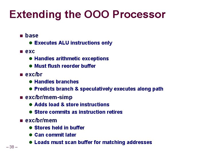Extending the OOO Processor n base l Executes ALU instructions only n exc l