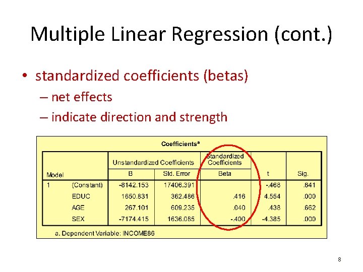 Multiple Linear Regression (cont. ) • standardized coefficients (betas) – net effects – indicate