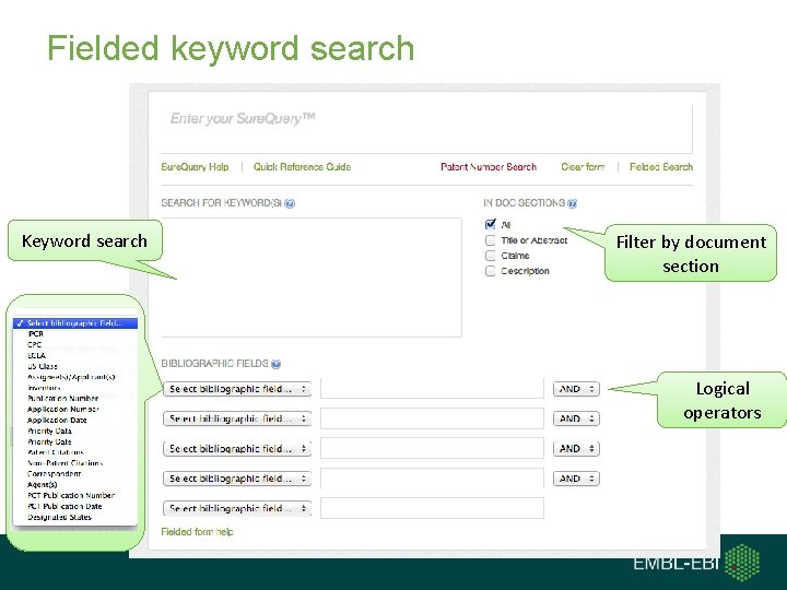 Fielded keyword search Keyword search Filter by document section Logical operators 