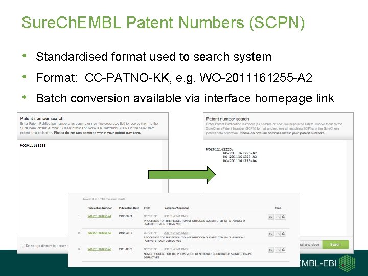 Sure. Ch. EMBL Patent Numbers (SCPN) • Standardised format used to search system •