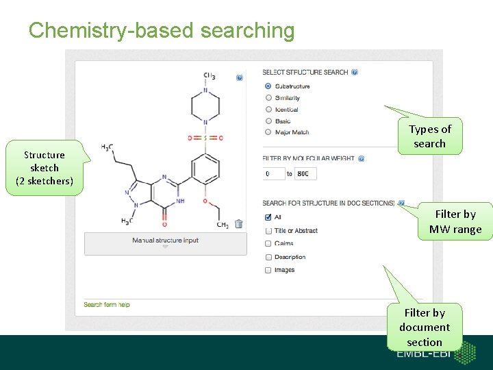 Chemistry-based searching Structure sketch (2 sketchers) Types of search Filter by MW range Filter