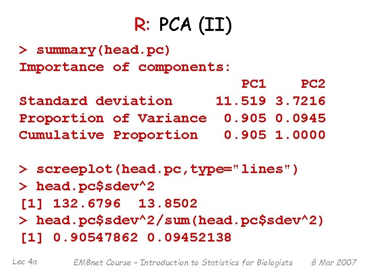 R: PCA (II) > summary(head. pc) Importance of components: PC 1 PC 2 Standard