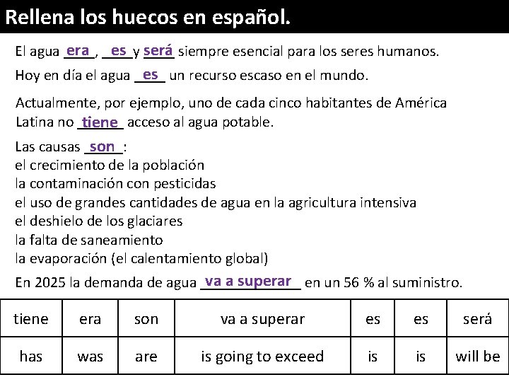 Rellena los huecos en español. era ____y es ____ será siempre esencial para los