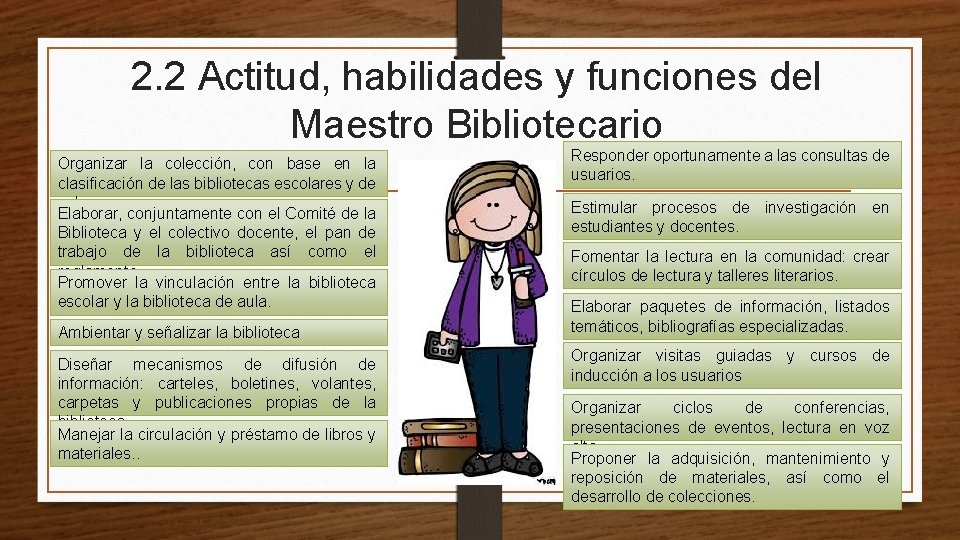 2. 2 Actitud, habilidades y funciones del Maestro Bibliotecario Organizar la colección, con base
