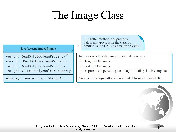 The Image Class Liang, Introduction to Java Programming, Eleventh Edition, (c) 2018 Pearson Education, The Image Class Liang, Introduction to Java Programming, Eleventh Edition, (c) 2018 Pearson Education,