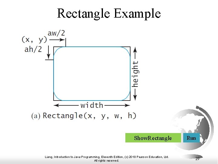 Rectangle Example Show. Rectangle Liang, Introduction to Java Programming, Eleventh Edition, (c) 2018 Pearson Rectangle Example Show. Rectangle Liang, Introduction to Java Programming, Eleventh Edition, (c) 2018 Pearson