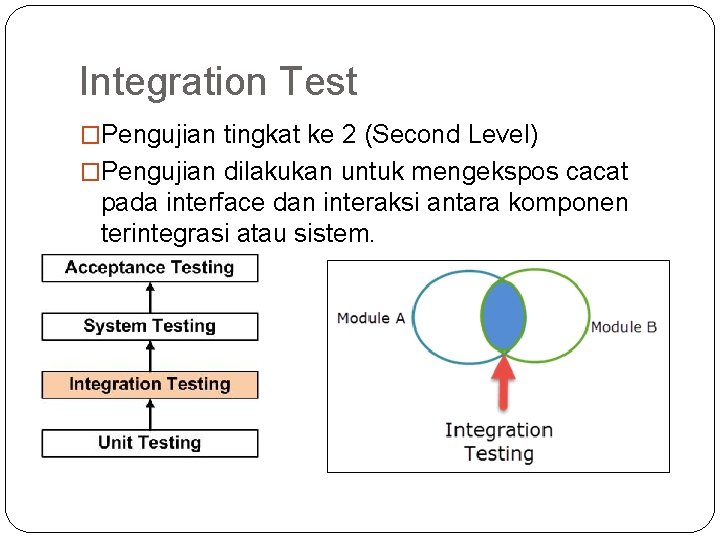 Integration Test �Pengujian tingkat ke 2 (Second Level) �Pengujian dilakukan untuk mengekspos cacat pada