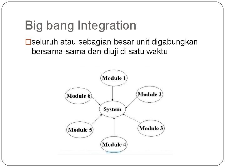 Big bang Integration �seluruh atau sebagian besar unit digabungkan bersama-sama dan diuji di satu
