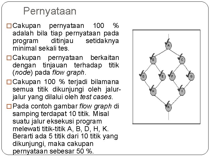 Pernyataan � Cakupan pernyataan 100 % adalah bila tiap pernyataan pada program ditinjau setidaknya