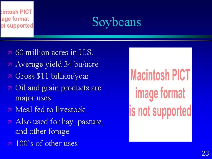 Soybeans 60 million acres in U. S. Average yield 34 bu/acre Gross $11 billion/year