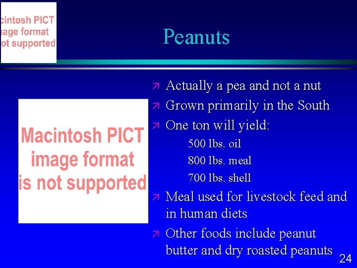 Peanuts Actually a pea and not a nut Grown primarily in the South One
