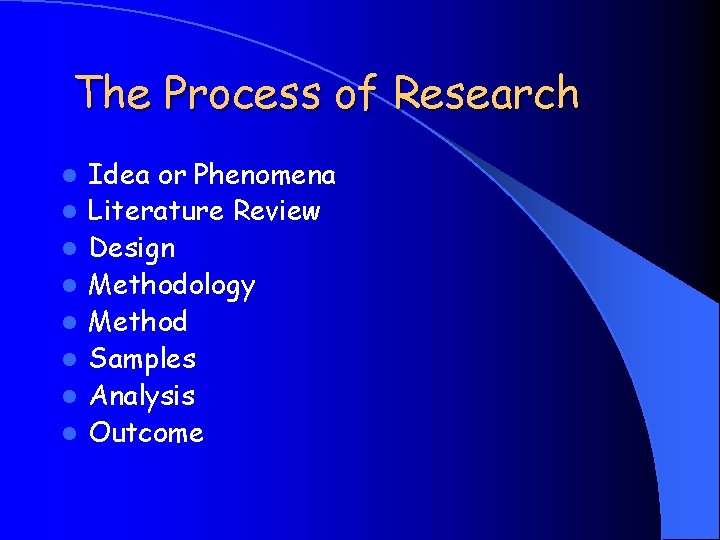 The Process of Research l l l l Idea or Phenomena Literature Review Design