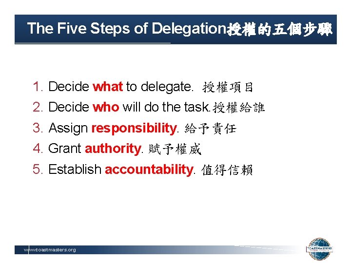 The Five Steps of Delegation授權的五個步驟 1. Decide what to delegate. 授權項目 2. Decide who