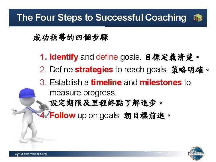 The Four Steps to Successful Coaching 成功指導的四個步驟 1. Identify and define goals. 目標定義清楚。 2.