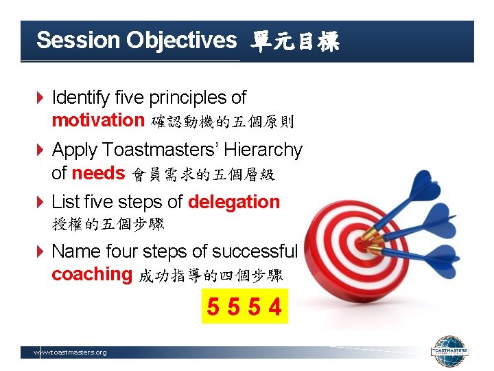 Session Objectives 單元目標 Identify five principles of motivation 確認動機的五個原則 Apply Toastmasters’ Hierarchy of needs