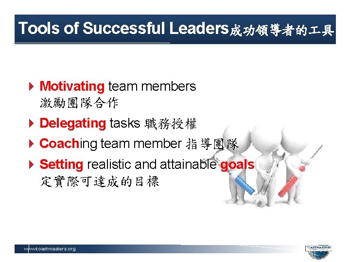 Tools of Successful Leaders成功領導者的 具 Motivating team members 激勵團隊合作 Delegating tasks 職務授權 Coaching team