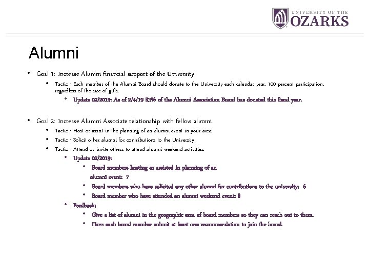 Alumni • Goal 1: Increase Alumni financial support of the University • Tactic -