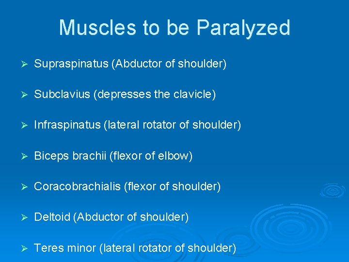 Muscles to be Paralyzed Ø Supraspinatus (Abductor of shoulder) Ø Subclavius (depresses the clavicle)