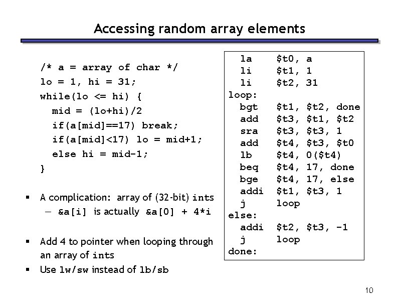 Accessing random array elements /* a = array of char */ lo = 1,