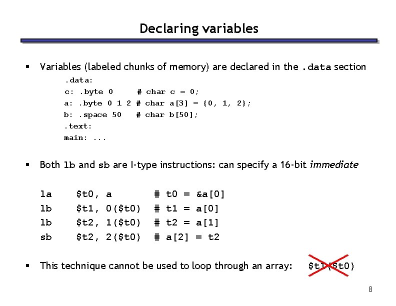 Declaring variables § Variables (labeled chunks of memory) are declared in the. data section.