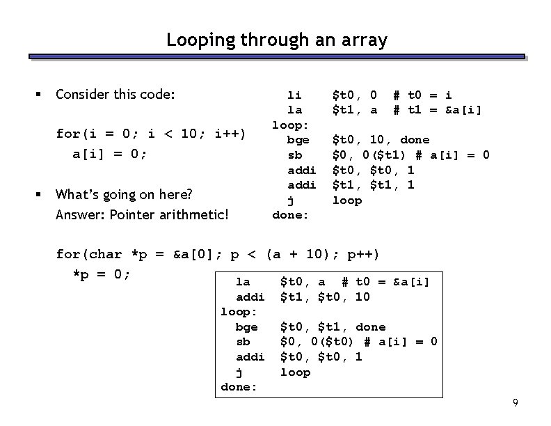 Looping through an array § Consider this code: for(i = 0; i < 10;