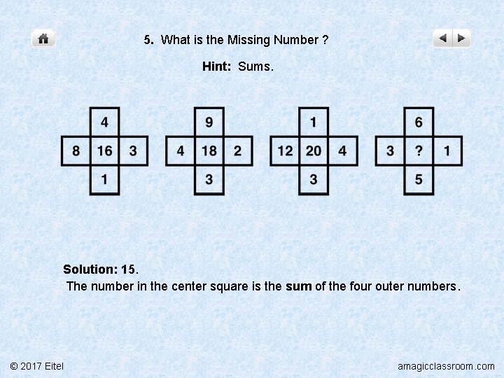 5. What is the Missing Number ? Hint: Sums. Solution: 15. The number in