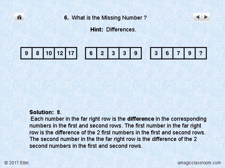 6. What is the Missing Number ? Hint: Differences. Solution: 8. Each number in