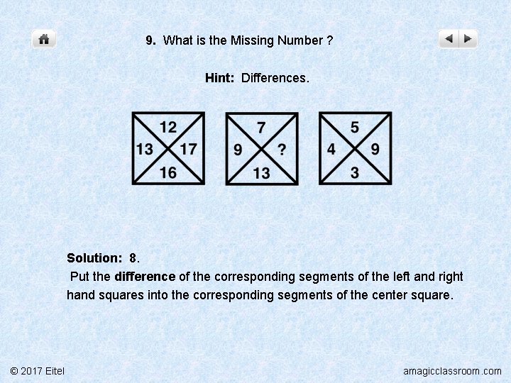 9. What is the Missing Number ? Hint: Differences. Solution: 8. Put the difference