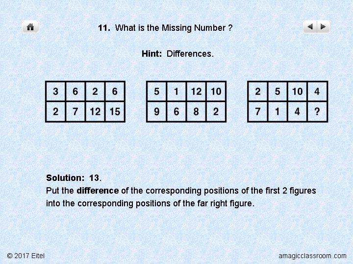 11. What is the Missing Number ? Hint: Differences. Solution: 13. Put the difference