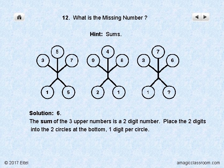 12. What is the Missing Number ? Hint: Sums. Solution: 6. The sum of