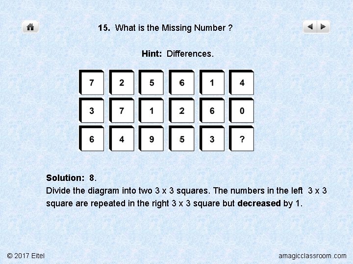 15. What is the Missing Number ? Hint: Differences. Solution: 8. Divide the diagram