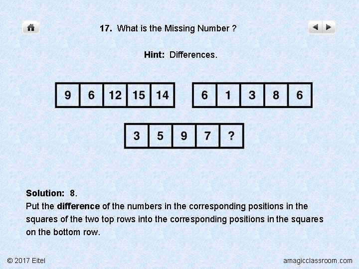 17. What is the Missing Number ? Hint: Differences. Solution: 8. Put the difference