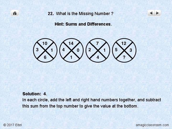 22. What is the Missing Number ? Hint: Sums and Differences. Solution: 4. In