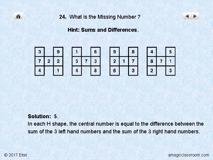 24. What is the Missing Number ? Hint: Sums and Differences. Solution: 5. In