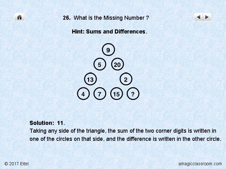 26. What is the Missing Number ? Hint: Sums and Differences. Solution: 11. Taking