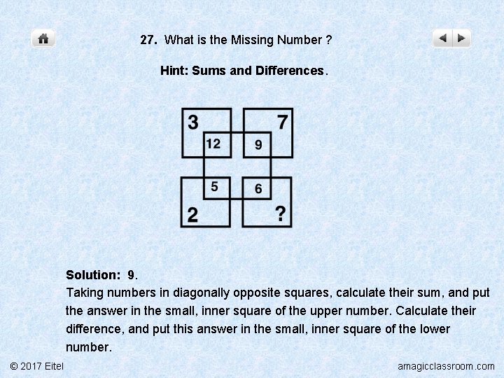 27. What is the Missing Number ? Hint: Sums and Differences. Solution: 9. Taking