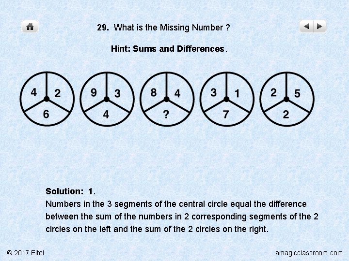 29. What is the Missing Number ? Hint: Sums and Differences. Solution: 1. Numbers