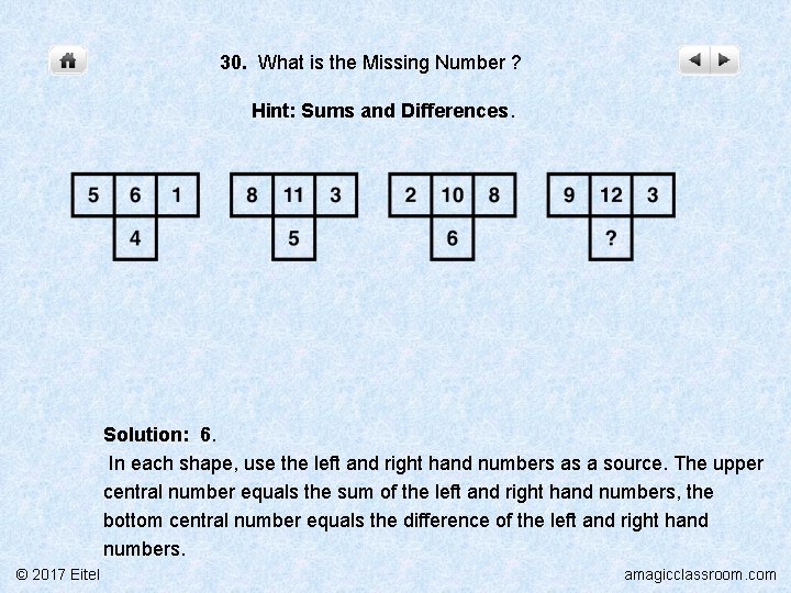 30. What is the Missing Number ? Hint: Sums and Differences. Solution: 6. In
