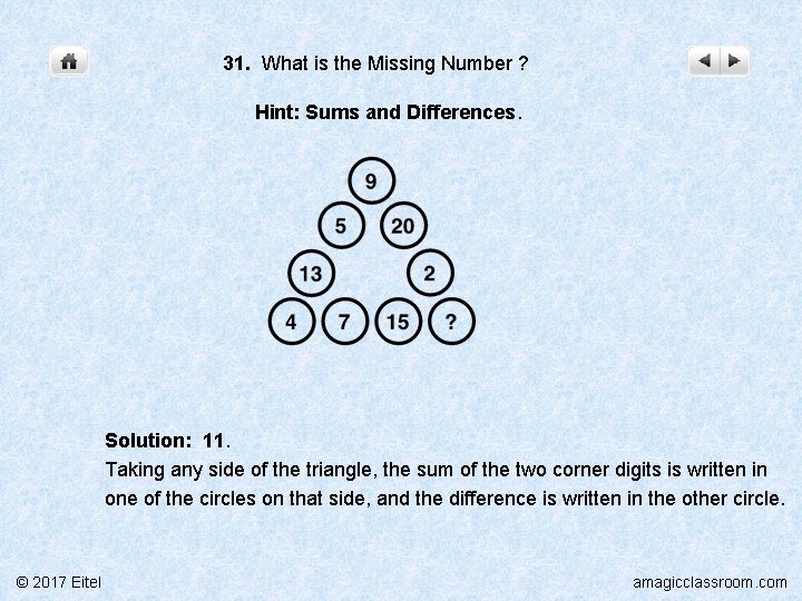 31. What is the Missing Number ? Hint: Sums and Differences. Solution: 11. Taking