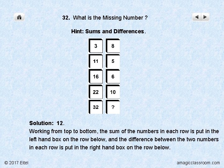 32. What is the Missing Number ? Hint: Sums and Differences. Solution: 12. Working