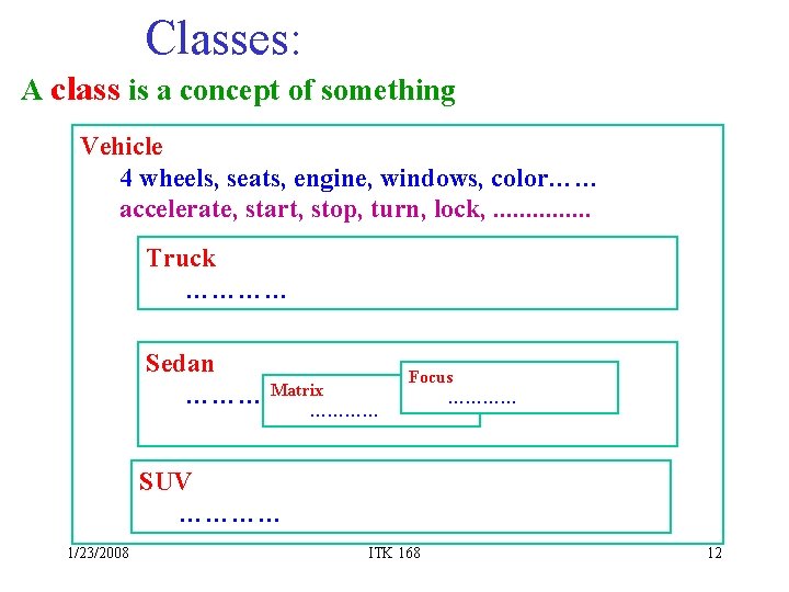 Classes: A class is a concept of something Vehicle 4 wheels, seats, engine, windows,