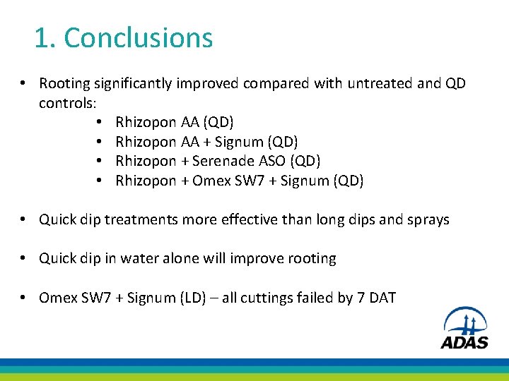 1. Conclusions • Rooting significantly improved compared with untreated and QD controls: • Rhizopon