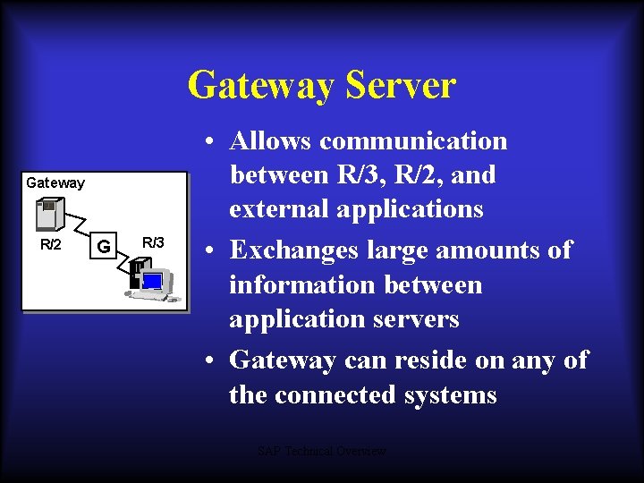 Gateway Server Gateway R/2 G R/3 • Allows communication between R/3, R/2, and external