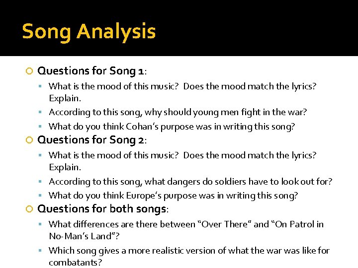 Song Analysis Questions for Song 1: What is the mood of this music? Does